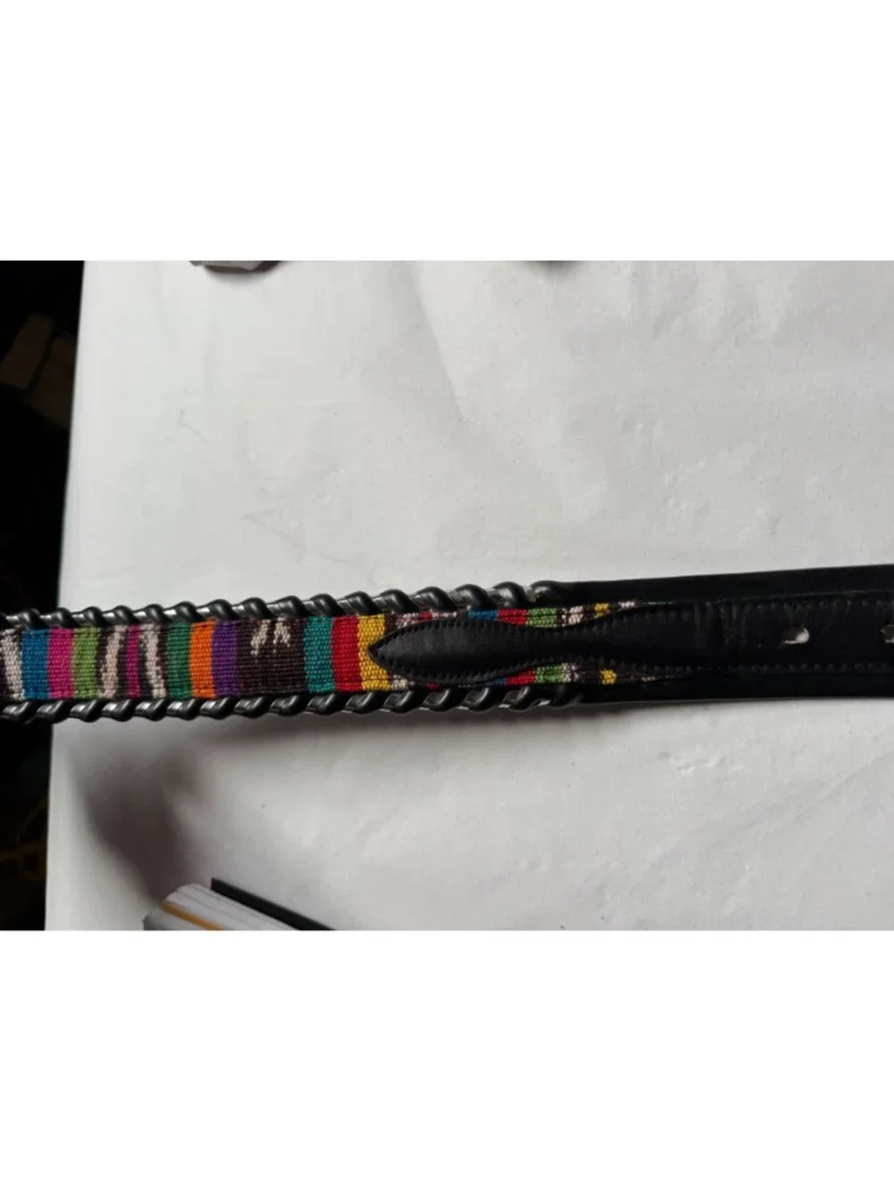 Handcrafted Leather Belt With Colorful Woven Inlay & Silver Buckle - Size 32